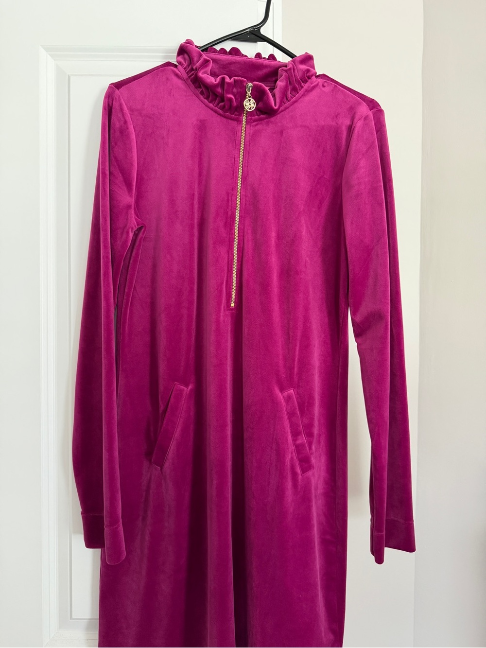 Lilly Pulitzer Magenta Velour Half-Zip Ruffle Collar Dress